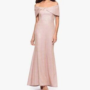 Betsy & Adam Rose Gold Galaxy Metallic Off the Shoulder Gown